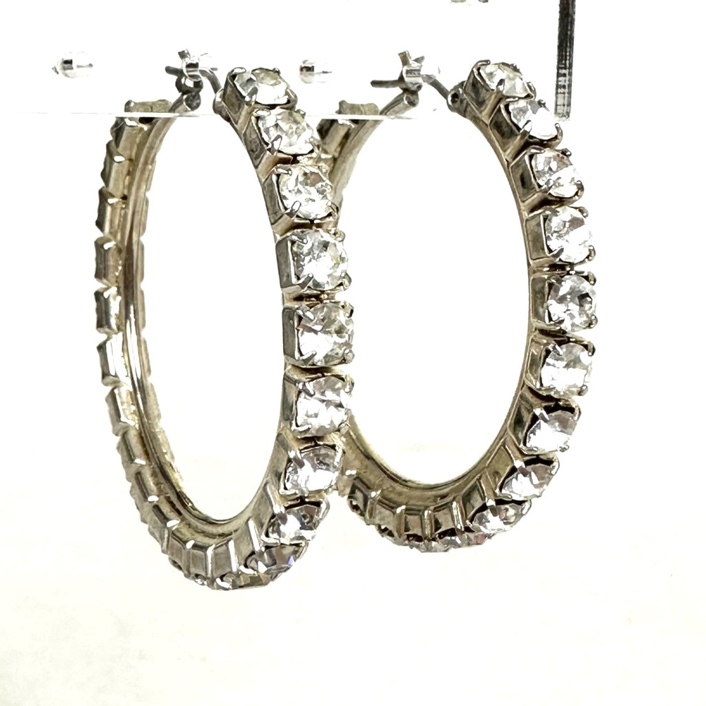 VINTAGE Blingy Earrings Clear Rhinestone Pierced Sparkly Shiny Large Hoop Prom